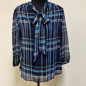 New York & Company - Plaid V-Neck Blouse with Sheer Bow Accent (NWT)